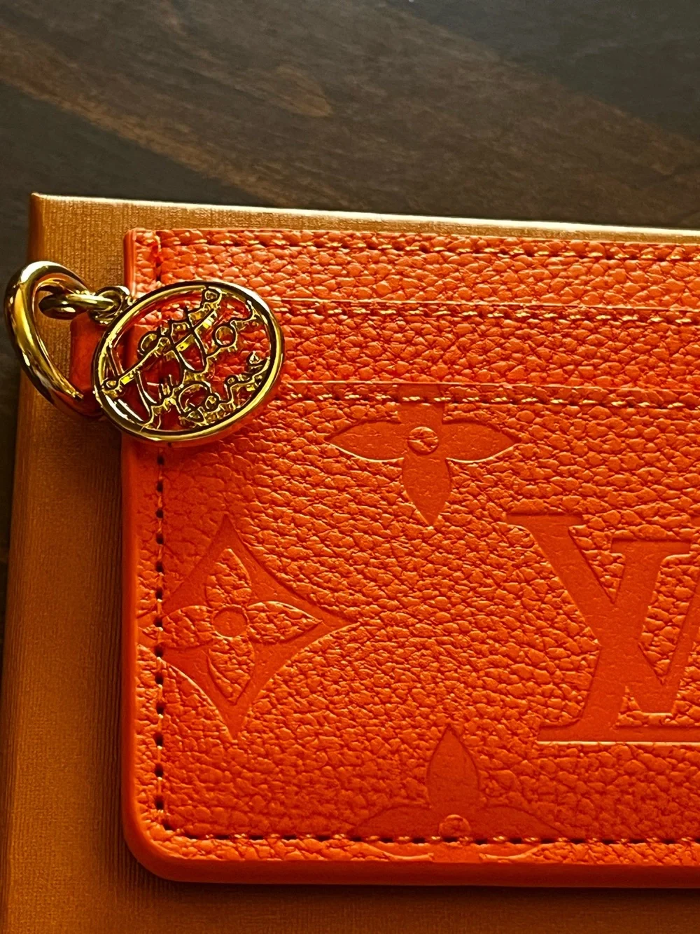 🧡 Louis. Vuitton. Vibrant Orange Gold Tone Charm Letter Monogram Card Holder